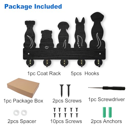 MAYJOYDIY Dog Coat Rack Wall Mount 11.87.9inch 5 Style Key Holder for Wall Decorative Wood Black Key Rack Hanger Organizer 5 Alloy Hooks for Leash Wall Art Decor Dog Lover Gift - color: Dog