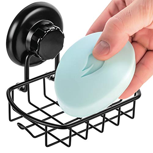 HASKO accessories Suction Soap Dish with Hooks - Super Powerful Vacuum Suction Cup Shower Soap Holder - Rustproof Stainless Steel SS304 Soap Basket - Sponge Holder for Bathroom & Kitchen (Black) - color: Black