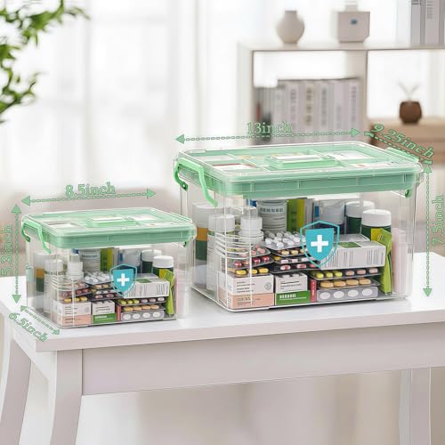 ANYPROLUS 2 Pack Clear Medicine Organizer Box with Handle, Plastic Medicine Container with Tray First Aid Box Empty, Thickened Medicine Storage Organizer Multipurpose Medication Organizer Storage - color: Green-2Pack