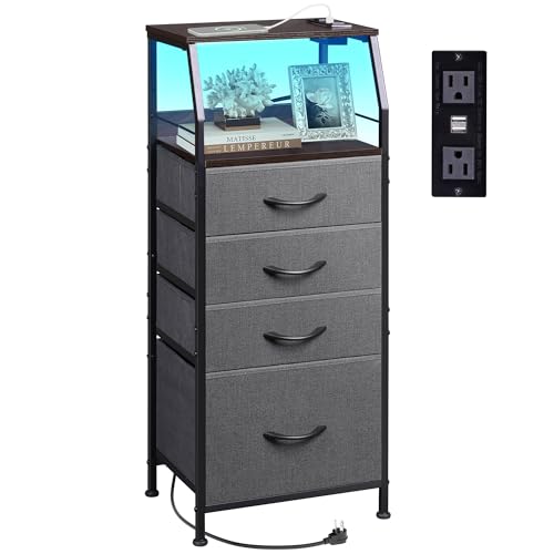 WLIVE Nightstand with Charging Station, Night Stand with LED Light, Tall 4 Drawer Dresser for Bedroom, 37" H Bedside Table with Fabric Storage Bins, Open Wood Shelf, Metal Frame, Dark Grey - color: Dark Grey, size: 4 Drawers