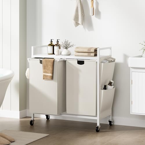WOWLIVE Double Laundry Hamper with Lid,Rolling Laundry Basket Organizer with Wheels, Iron-Made Laundry Sorter with Top Shelf and 2 Removable Bags,Large Clothes Storage for Room,White - color: White, size: 110L (30.0 x 13 x 32 Inches)