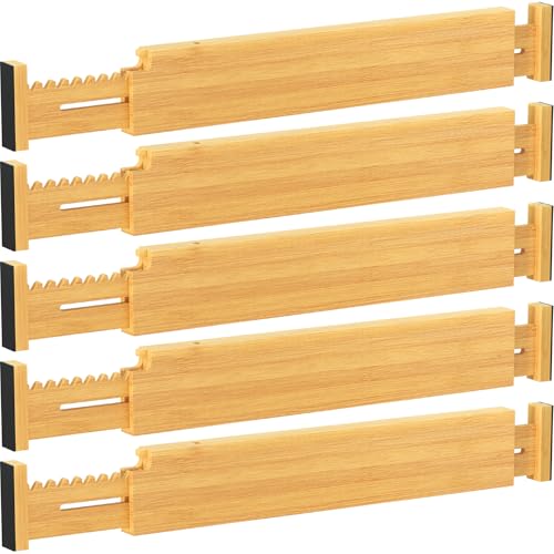 Lifewit 2.36" High 5 Pack Bamboo Drawer Dividers, 14.2-22" Expandable Kitchen Drawer Dividers, Adjustable Drawer Dividers for Clothes, Drawer Separators for Dresser, Kitchen, Bedroom, Bathroom