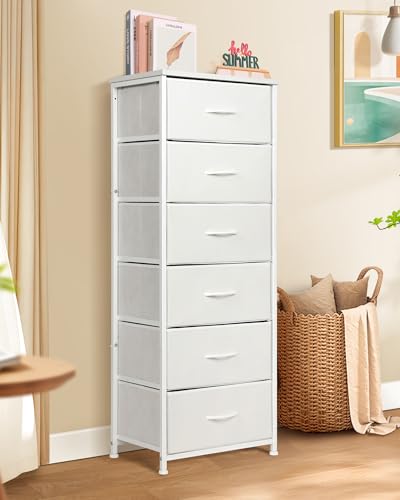 Mifuro Tall Dresser for Bedroom with 6 Drawers, Vertical Storage Organizer Tower, Chest of Drawers with Fabric Bins, Steel Frame, Wood Top for Bedroom, Closet, Entryway- White - color: White, size: 6 Medium Drawers
