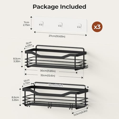 Orimade Adhesive Shower Caddy Shelf with 5 Hooks Organizer Storage Rack Rust Resistant Wall Mounted Stainless Steel No Drilling for Bathroom, Toilet, Kitchen - 2 Pack,Black - color: Black, size: 4.72"D x 12.6"W x 3.54"H