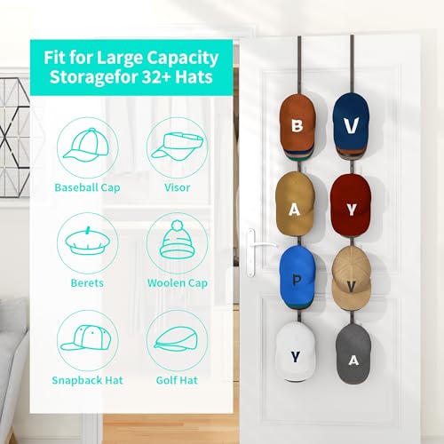 HapiRm Over Door Hat Rack - 2 Packs Hat Organizer with 8 Hooks Design, Hanging Baseball Cap Organizer Storage Holds Up to 40 Caps for Door, Bedroom, Closet (Brown) - color: Brown, size: 2 Pack