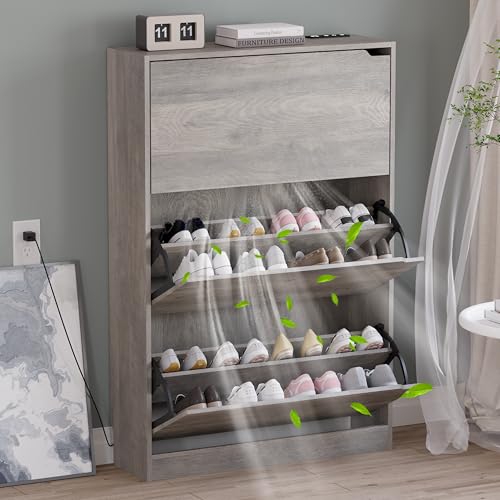 BORNOON Shoe Cabinet with Odor Control and Back Panels, Deodorizing Slim 3-Flip Shoe Storage Cabinet for Entryway, Freestanding Hidden Shoe Rack Organizer for Entrance, Hallway, Bedroom - color: Grey, size: Deodorizing 3-Flip