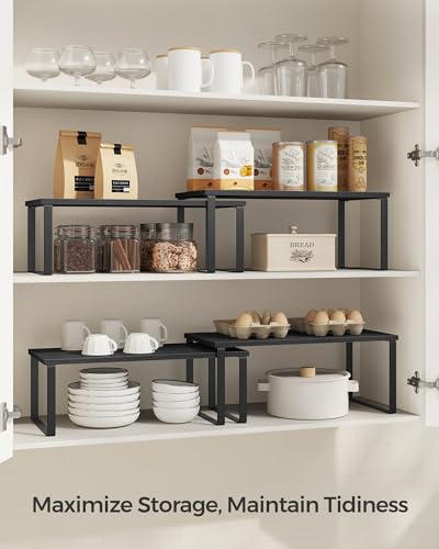 SONGMICS Cabinet Organizer Shelf, Set of 4 Kitchen Counter Shelves, Kitchen Storage, Spice Rack, Stackable, Expandable, Metal and Engineered Wood, Ink Black and Ebony Black UKCS028B01 - color: Ink Black + Ebony Black, size: 15.6"W