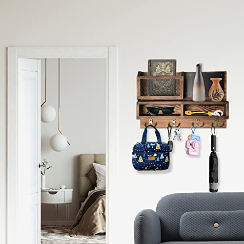 Key Holder for Wall, Mail Organizer Wall Mount with Key Hooks and Wallet Holder, Sunglasses Storage and Dog Leash Hanger, Decorative with 4 Double Hooks and Chalkboard - color: Brown