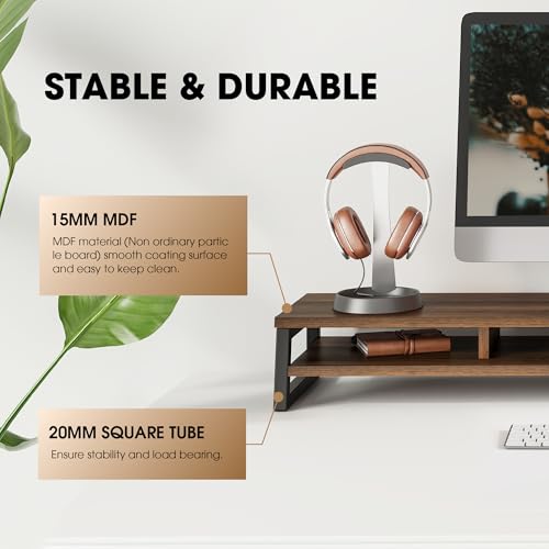 Fenge Dual Monitor Stand for Desk, 42.5in Large Monitor Riser for 2 Monitors, 2 Tier Computer Office Desk Top Shelf, Desktop Storage Stand for Laptop, PC, Computer, Printer - color: Brwon