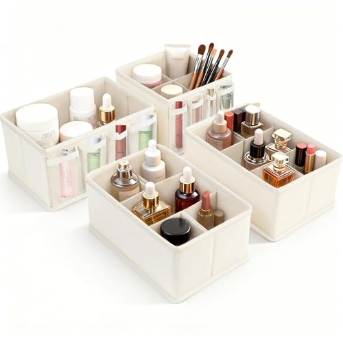 VERONLY Cosmetic Storage Bins Makeup Organizer, Adjustable Multifunction Storage Box Desk Drawer Divider for Makeup Brushes, Bathroom Countertop or Dresser, Set of 4 - style: Beige 4PC