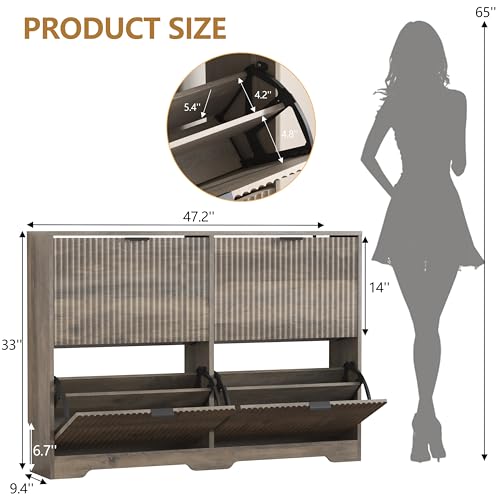 HUANLEGO Shoe Cabinet Storage for Entryway with 4 Flip Drawers, Grey Fluted Shoe Cabinet with Adjustable Shelves, Wooden Hidden Shoes Rack Freestanding Narrow Slim Shoes Storage for Hallway, Entrance - color: Grey, size: 4 Drawer without Bench