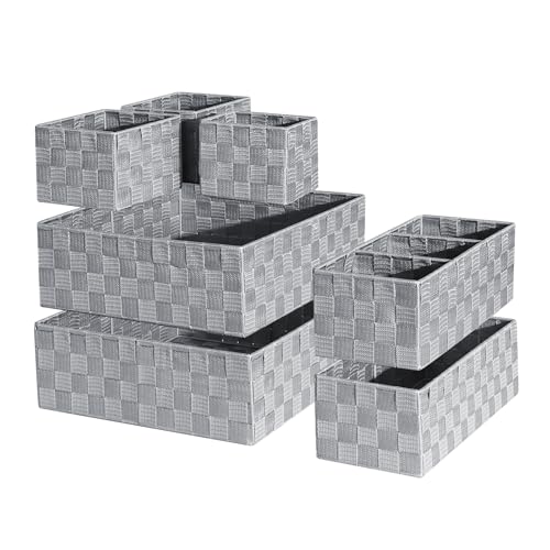 Drawer Organizer, Cube Baskets for Storage Shelves, Handmade Small Woven Basket, Shallow Storage Bins for Organizing Desk, Dresser, Kitchen, Pantry, Nested 7 Pack, Gray - color: Gray