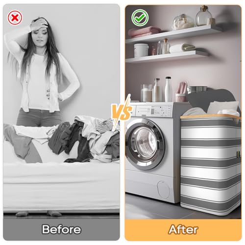 BALEINE Laundry Hamper with Lid, Tall Laundry Baskets with Bamboo Pull Handles, Large Laundry Bin with Internal Support (18 Gal/70L, Grey Stripe) - color: Grey Stripe, size: 70 liters