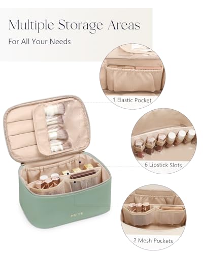 Prite Makeup Bag, Large Capacity Portable Travel Cosmetic Bag, Waterproof Makeup Organizer for Women with Handle and Divider (001 Green) - color: 001 Green