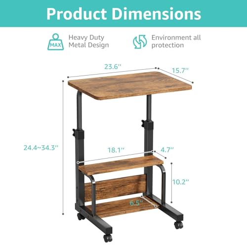 WINAZ C Shaped Rolling Laptop Desk - 24" Rustic Brown Mobile Kids Desk with Wheels for Small Spaces, Height Adjustable Overbed Table with 2-Tier Storage Shelves - color: Rustic Brown