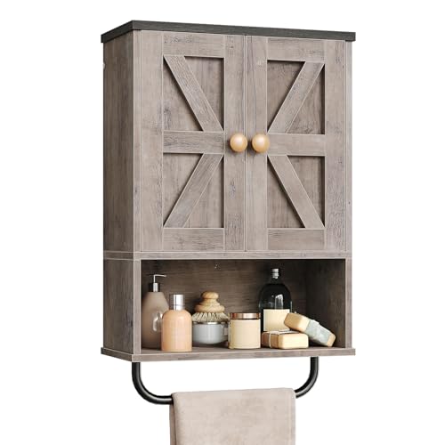 CHOEZON Bathroom Wall Cabinet, Medicine Cabinet with Open Partition and Towel Bar, Rustic Storage Cabinet with Open and Hidden Storage Space, for Bathroom, Living Room, Greige and Charcoal Black - color: Greige and Charcoal Black, size: 7.1"D x 15.4"W x 2