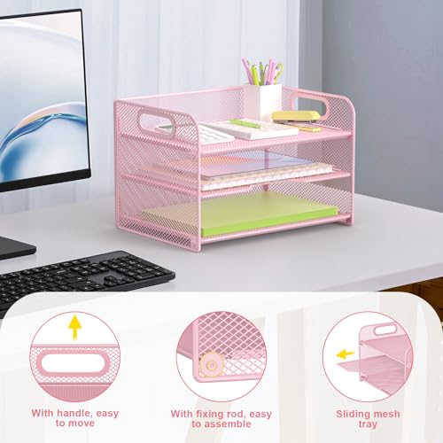 Samstar 3 Tier Pink Letter Tray Paper Organizer with Handle, Mesh Desk Organizer Paper Sorter File Rack Shelves, Pink - color: Pink 3 Tier Pack of 1