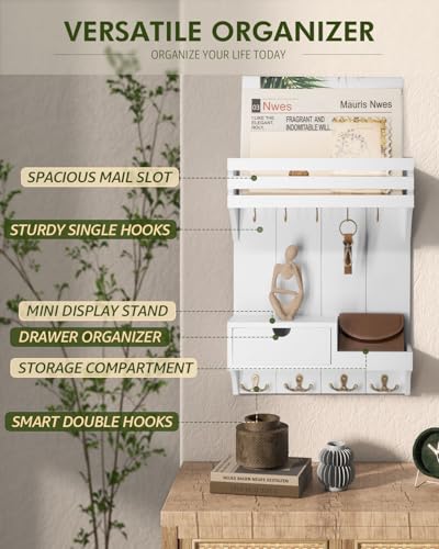 Rebee Vision Decorative Key Holder Wall Mount for Home Decor - Stylish Mail Organizer with 9 Key Hooks and Mini Drawer Organizer for Apartment Essentials - Room Decor Aesthetic (White) - color: White, style: Small Drawer