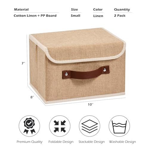 2PCS Storage Boxes with Lid Cotton Linen Fabric Storage Bins Organizer Container Decorative Collapsible Washable Shelf Closet Baskets Faux Leather Handles Home Bedroom (Linen, Small) - color: Linen, size: Small (Set of 2)
