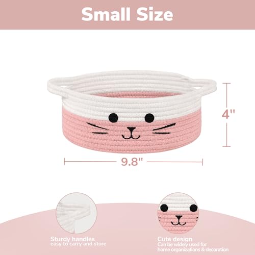 Cute Cat Toy Basket, Decorative Baby Gift Basket for Girls, Small Woven Baskets for Nursery Living Room, White & Pink, 9.8 x 4 inches - color: White & Pink, size: 9.8"W x 4"H