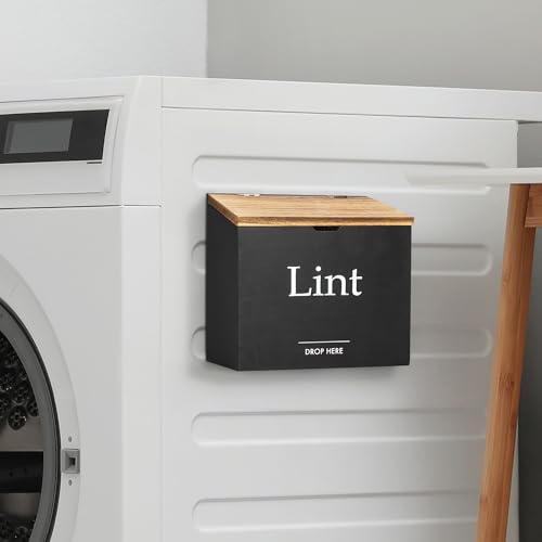 Magnetic Lint Bin for Laundry Room - Compact Size, Wooden Dryer Lint Holder with Lid - Rustic Lint Box, Magnetic Bin - Modern Farmhouse Laundry Room Decor, Black with Torched Lid - color: Black with Torched Lid