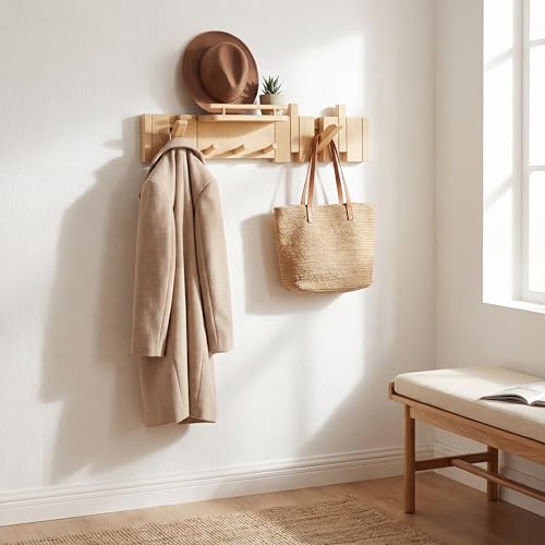 Mid Century Modern Walnut Foldable Entryway Wall Coat Hanger Hook with Shelf,Heavy Duty Wooden Piano Hidden Towel Hooks for Bathroom,Wall Rack for Purse&Key&Mail,Home Decor (Natural, 7 Hooks) - color: Natural, size: 7 Hooks