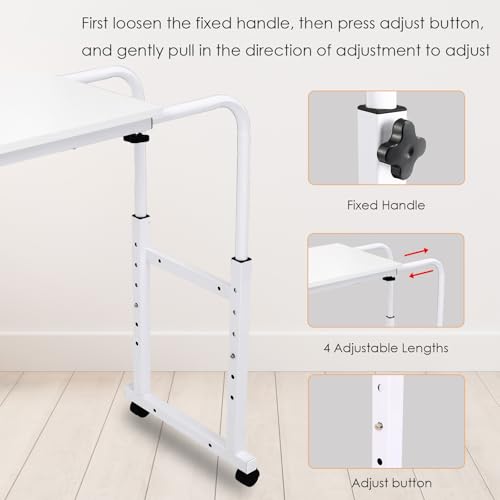 Arlopu Overbed Table with Wheels,60.6-84.2 inches Mobile Bed Desk,Rolling Computer Desk, Laptop Cart,W/0-65°Tilt Stand,4 Heights and 6 Lengths,Side Storage Basket,for Home,Office and Hospital (White) - color: White