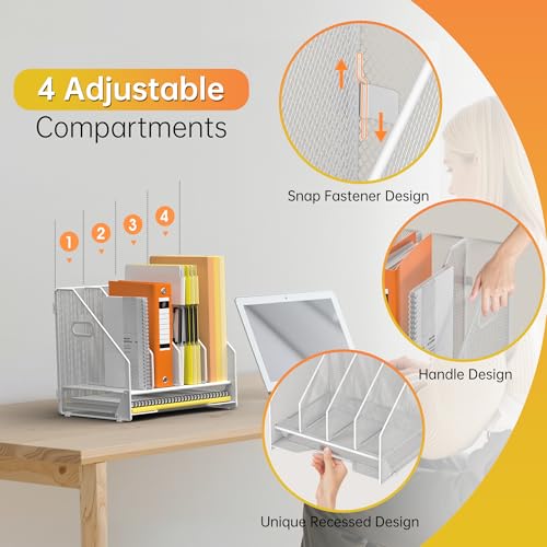 Docnest Desk File Holder Sorter, 4 Vertical Compartments Rack with Letter Tray, Mesh Magazine File Holder with Handle,Workspace Organizers,Desk Organizers for Paper, Mail, Documents-White - color: White-4 Compartments