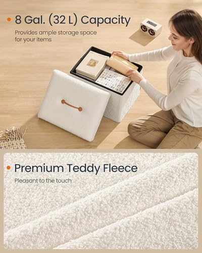 SONGMICS Small Folding Storage Ottoman, Foot Rest Stool, 12.2 x 16.1 x 12.2 Inches, Ottoman with Storage, Load up to 286 lb, for Living Room, Bedroom, Dorm, Cream White ULSF094W01 - color: Cream White, style: Teddy Fleece