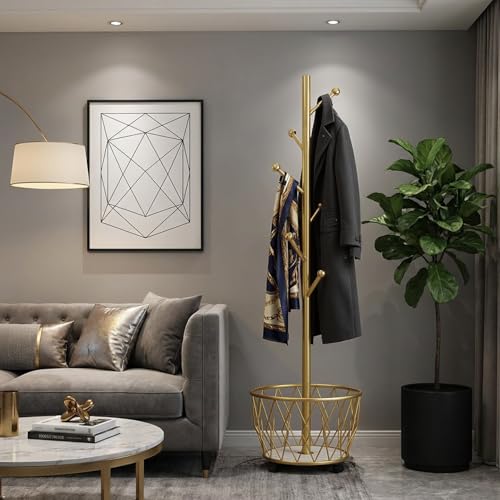 Freestanding Metal Coat Rack Stand with Basket Modern Organizer for Scarf Jacket Hat Bags Ideal for Home Entryway Bedroom Corner Stable and Moveable tree (gold) - color: gold