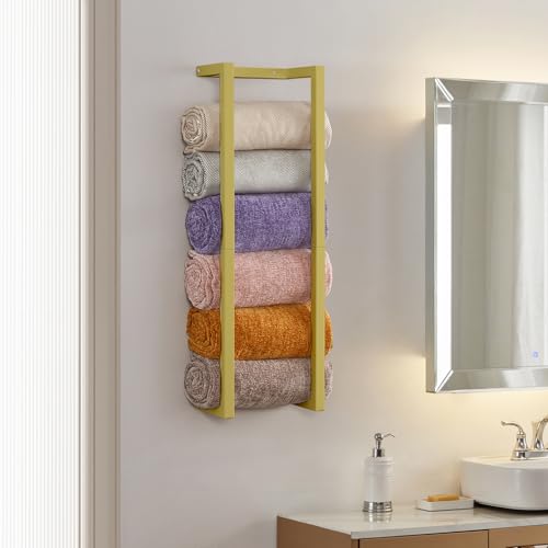 Towel Rack for Rolled Towels, Towel Rack for Bathroom,Wall Mounted Metal Bathroom Organizer, Bath Towel Holder Wall for Modern Small Space Bathroom Towel Storage - color: Gold