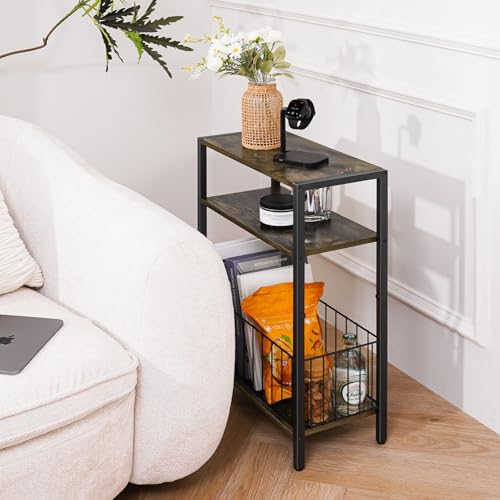 Yoobure Narrow Side Table with Storage Basket, Small End Table for Small Spaces Skinny Side Tables Living Room Bedroom, Slim Nightstand 3 Tier Bedside Table Space-Saving for Magazine, Rustic Brown - color: Rustic Brown