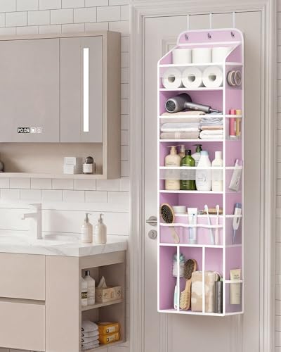 OneDream 5-Tier Over the Door Organizer with Removable Storage Caddy, Baby Clothes Organizer for Nursery, Hanging Behind Door Storage with Clear Pockets and Side Mesh Compartments, Pink - color: Pink