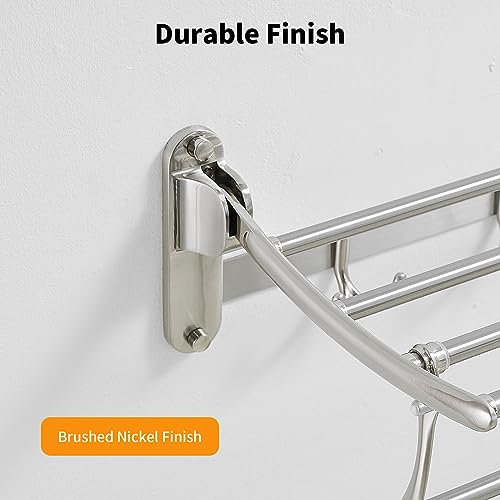 BESy 24 Inch Brushed Nickel Towel Racks, Bathroom Towel Shelf with Foldable Towel Bar Holder and Towel Hooks, Wall Mounted Multifunctional Bathroom Accessories, Double Towel Bars - color: Brushed Nickel