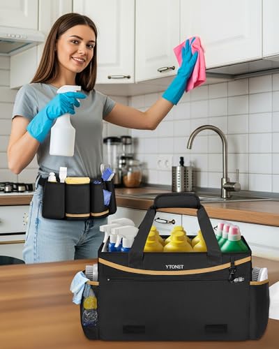 Ytonet Cleaning Caddy Bag with Detachable Apron, Extra Large Cleaning Supplies Organizer with Foldable Dividers, Portable Cleaner Tote with Handle, Cleaner Caddy for Housekeeper, Black - color: Black
