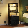 Furnulem Night Stand, Tall Nightstand with 4-Tier Shelves, 2 Fabric Drawers and Led Lights, Bed Side Tables with Charging Station, Bedside Table for Bedroom, Office, Black Oak | 4-Tier Shelves, 2 Fabric Drawers, Light Tube, Bed Side Tables, Charging Stati