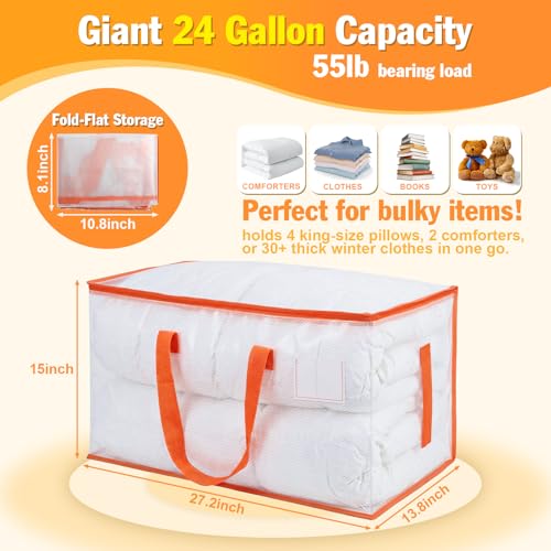 KYODOLED Clear Moving Bags with Orange Handles, 2-Pack Heavy Duty Storage Totes for Clothes & Bedding, Extra Large 27"x14"x15" (24 Gal), Foldable Transparent Moving Supplies with Label Pocket - color: Clear+Orange, size: 2PACK