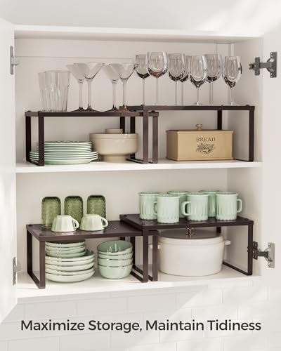 SONGMICS Spice Racks, Set of 4 Metal Cabinet Shelf Organizers, Countertop Organizers, Shelf Risers, Stackable, Expandable, Brown UKCS06BR - color: Brown