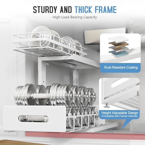 Under Sink Organizer Upgrade To Professional Rails,2-Tier Dual Pull Out Cabinet Storage,Height Adjustable Slide Out Drawers For Bathroom Kitchen,2 Pack-16.7"Dx12.8"-16.9"H,White - color: White, size: 2 Pack-16.7"Dx12.8"-16.9"H