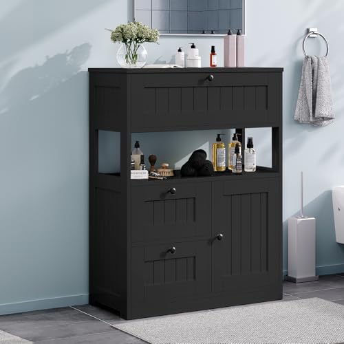 GRUSIGN Storage Cabinet, Modern Bathroom Floor Storage Cabinet Organizer with 1 Door and 3 Drawers, Freestanding Cupboard for Kitchen/Living Room Use - color: Black