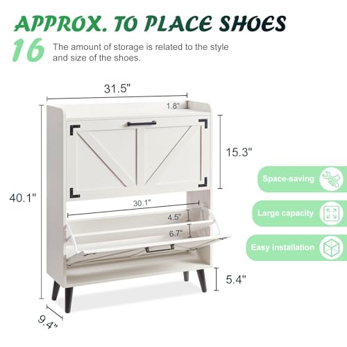 Barnyatoh Shoe Storage Cabinet with 2 Flip Drawers, Farmhouse Hidden Shoe Organizer, Narrow Slim Shoe Rack Cabinet for Entryway Hallway,Antique White - color: Antique White