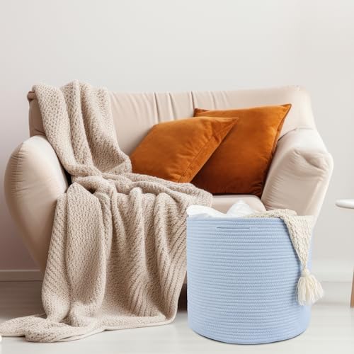 XUANGUO Cotton Rope Basket For Girls Boys Kids 16”X14” Baby Laundry Baskets Nursery Bin Round Woven Basket For Storage Toys Blankets Shoes Clothes blue - color: blue