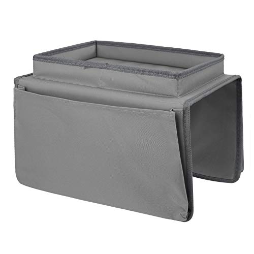 Durable Oxford Couch Sofa Armrest Organizer No-Slip Cloth Arm Chair Caddy Bedside Storage Pocket with Top Tray TV Remote Holder Bed Storage Bag for Cellphone Tablet Notepad Book Magazines DVD Glasses - color: Style-2:grey