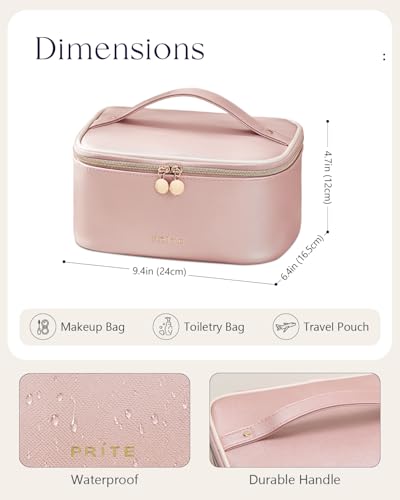 Prite Makeup Bag, Large Capacity Portable Travel Cosmetic Bag, Waterproof Makeup Organizer for Women with Handle and Divider (002 Pearl Pink) - color: 002 Pearl Pink