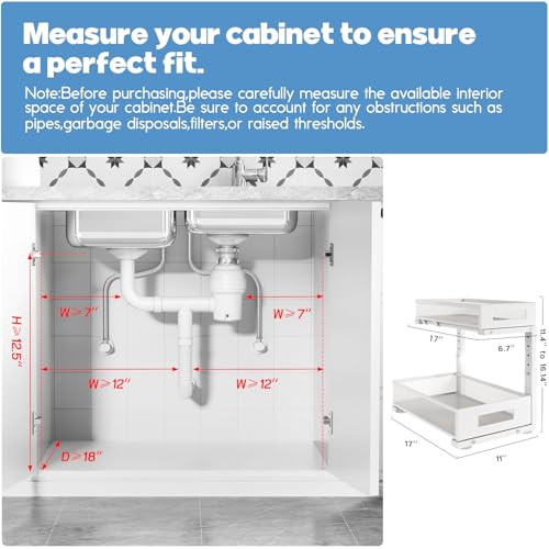 1 Pack 17IN Depth Under Sink Storage Organizer, Large 2-Tier Elegant Mesh Pull Out Shelf for Kitchen and Bathroom Cabinet Organization, L-Shaped and Adjustable Height Design-White - color: White, size: 1 Pack-17"Dx11.4"-16.14"H