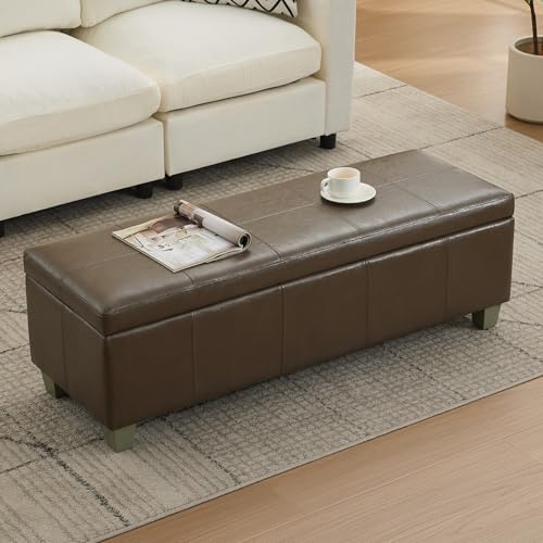 WUTUTUEE 51" Faux Leather Storage Ottoman, Stitch Tufted Rectangle Upholstered End of Bed Storage Bench, Entryway Large Couch Ottoman with Wooden Legs, Coffee - color: Coffee, size: 51 Inch
