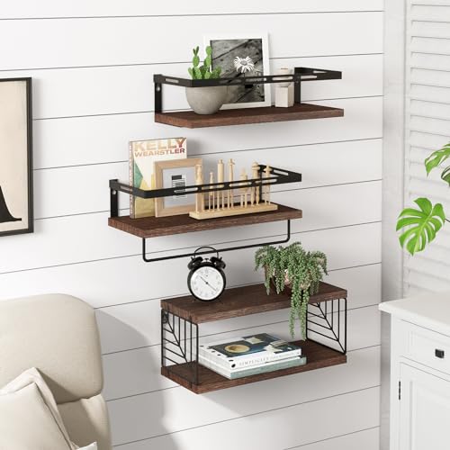 Fixwal 3+1 Tier Wall Mounted Bathroom Shelves Over Toilet, Rustic Wood Floating Shelves with Metal Frame and Towel Bar for Bathroom, Kitchen, Bedroom, Living Room (Dark Brown) - color: 6-dark Brown
