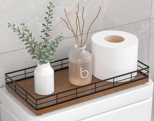 Toilet Paper Basket Organizer – Oak Wood Toilet Tank Tray with Metal Frame, Bathroom Counter Top Storage for Toilet Paper, Wipes & Decor, Modern Narrow Back of Tank Shelf Organizer, Black & Brown - color: Black & Brown, size: 13" x 6.5" x 2"