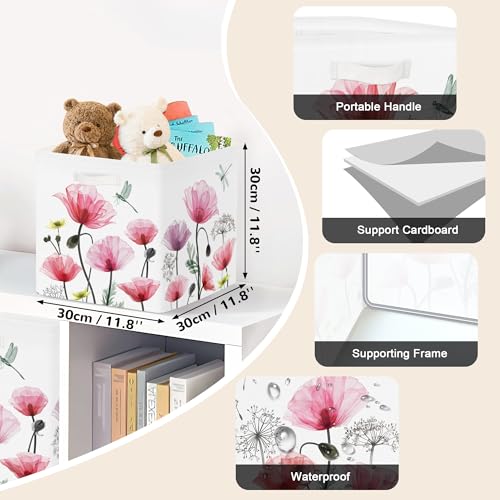 Clastyle Flowers Storage Cube Organizer Set Handle Closet Clothes Cube with Metal Frame Foldable Parents Organizer Storage Basket for Book Toy,Red Poppy,11.8x11.8x11.8 in - color: Red Poppy