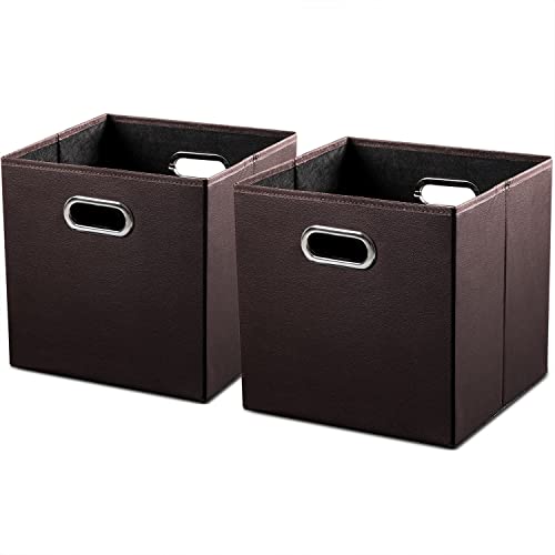 PRANDOM Leather Foldable Cube Storage Bins 11x11 inch [2-Pack] Fabric Storage Baskets Cubes Drawer with Cotton Handles Organizer for Shelves Nursery Closet Bedroom Clothes Brown - color: Brown, size: 11x11 in(2-Pack)